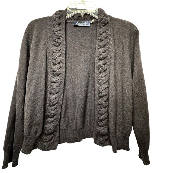 Magaschoni Cashmere Open Front Cardigan MED Black Cropped Sweater Ruffle Edge - Picture 1 of 10